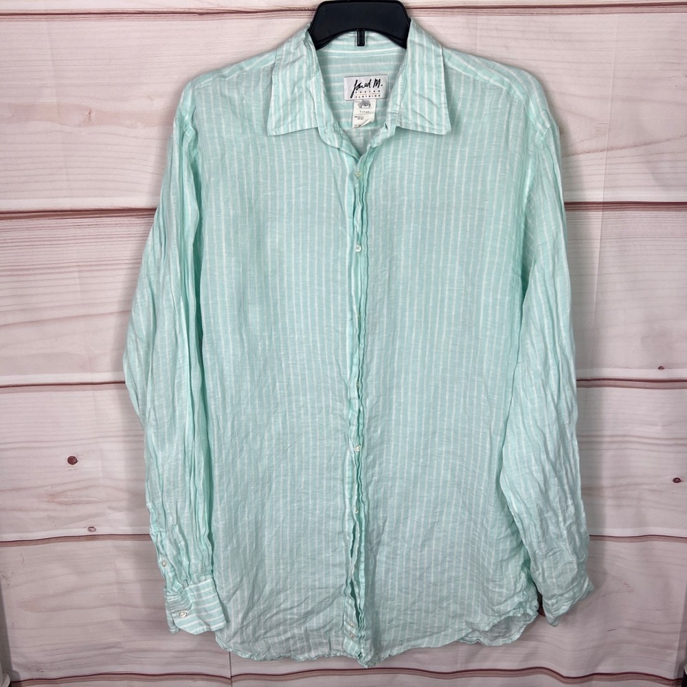Jared M Custom Clothing Shirt Mens L Green Stripe Button Up Top Linen Collared